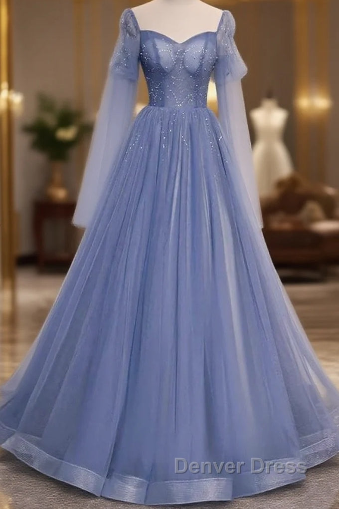 Beautiful Blue Tulle Beaded Long Formal Dresses Party Dresses, A-Line Wedding Party Dresses Main image