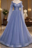 Beautiful Blue Tulle Beaded Long Prom Dress Prom Dress, A-Line Wedding Prom Dresses
