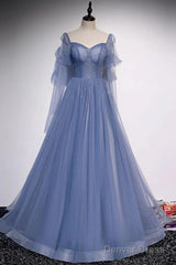 Beautiful Blue Tulle Beaded Long Formal Dress Party Dresses, A-Line Wedding Party Dresses