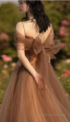 Beautiful Champagne Tulle Straps Long Formal Gown, Tulle Party Dresses Evening Dresses