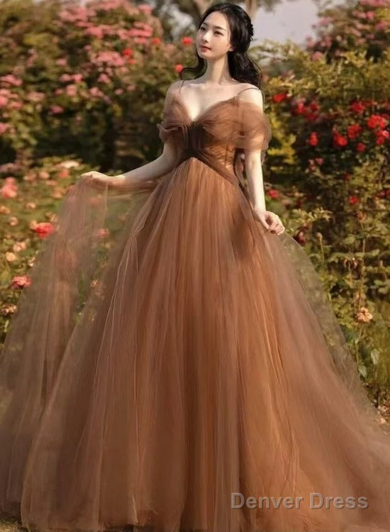 Beautiful Champagne Tulle Straps Long Prom Gowns, Tulle Prom Dress Main image