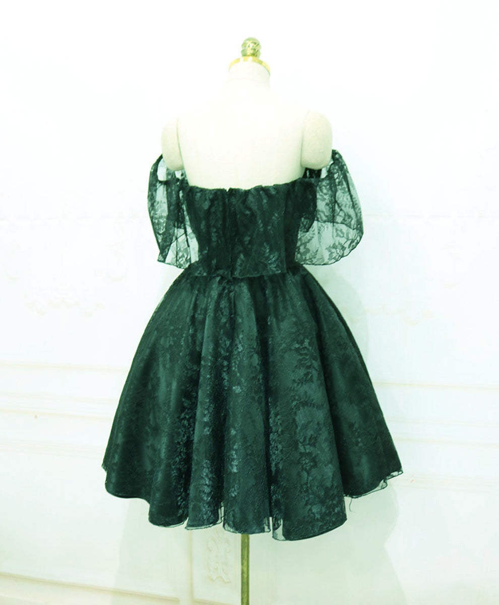 Beautiful Dark Green Lace Off Shoulder Short Prom Dress, Lace Homecoming Dresses