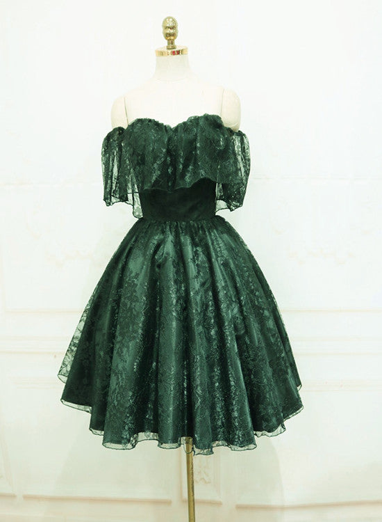 Beautiful Dark Green Lace Off Shoulder Short Prom Dress, Lace Homecoming Dresses Main image