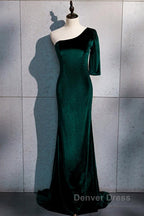 Beautiful Dark Green One Shoulder Prom Dress, Green Mermaid Prom Dresses