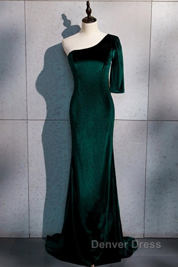 Beautiful Dark Green One Shoulder Prom Dress, Green Mermaid Prom Dresses