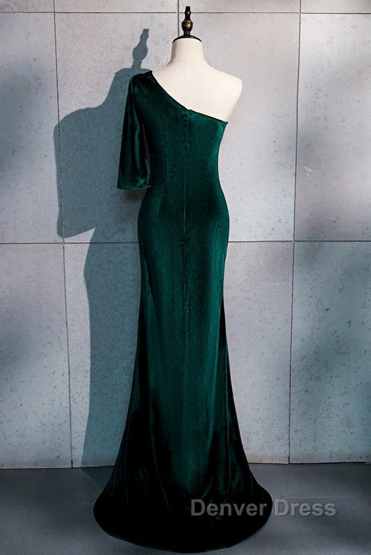 Beautiful Dark Green One Shoulder Prom Dress, Green Mermaid Prom Dresses