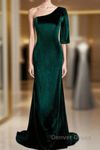 Beautiful Dark Green One Shoulder Prom Dress, Green Mermaid Prom Dresses