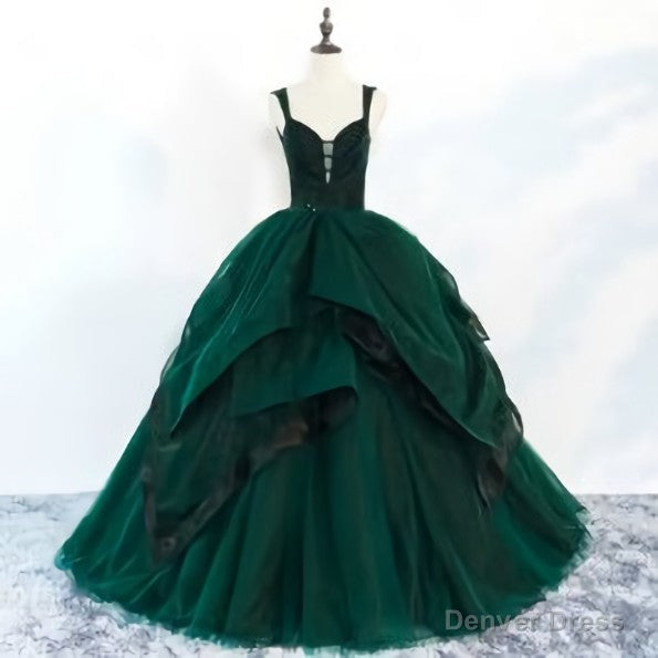 Beautiful Dark Green Prom Dress Ball Gowns Beading Ruffles Spaghetti Straps Backless Sleeveless Floor Length Long Prom Dresses Main image