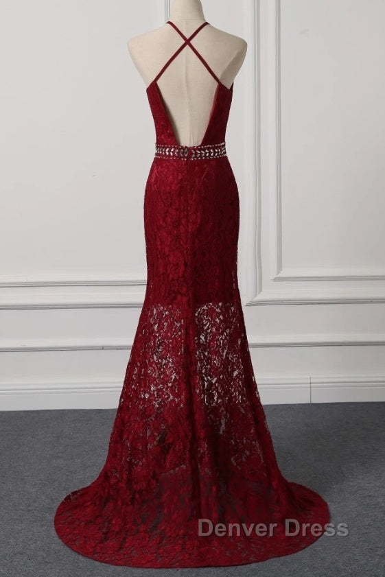 Beautiful Dark Red Lace Halter Beaded Evening Dresses, Mermaid Prom Dresses Secondary image
