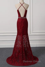 Beautiful Dark Red Lace Halter Beaded Evening Dresses, Mermaid Prom Dresses