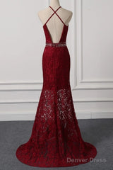 Beautiful Dark Red Lace Halter Beaded Evening Dress, Mermaid Prom Dress