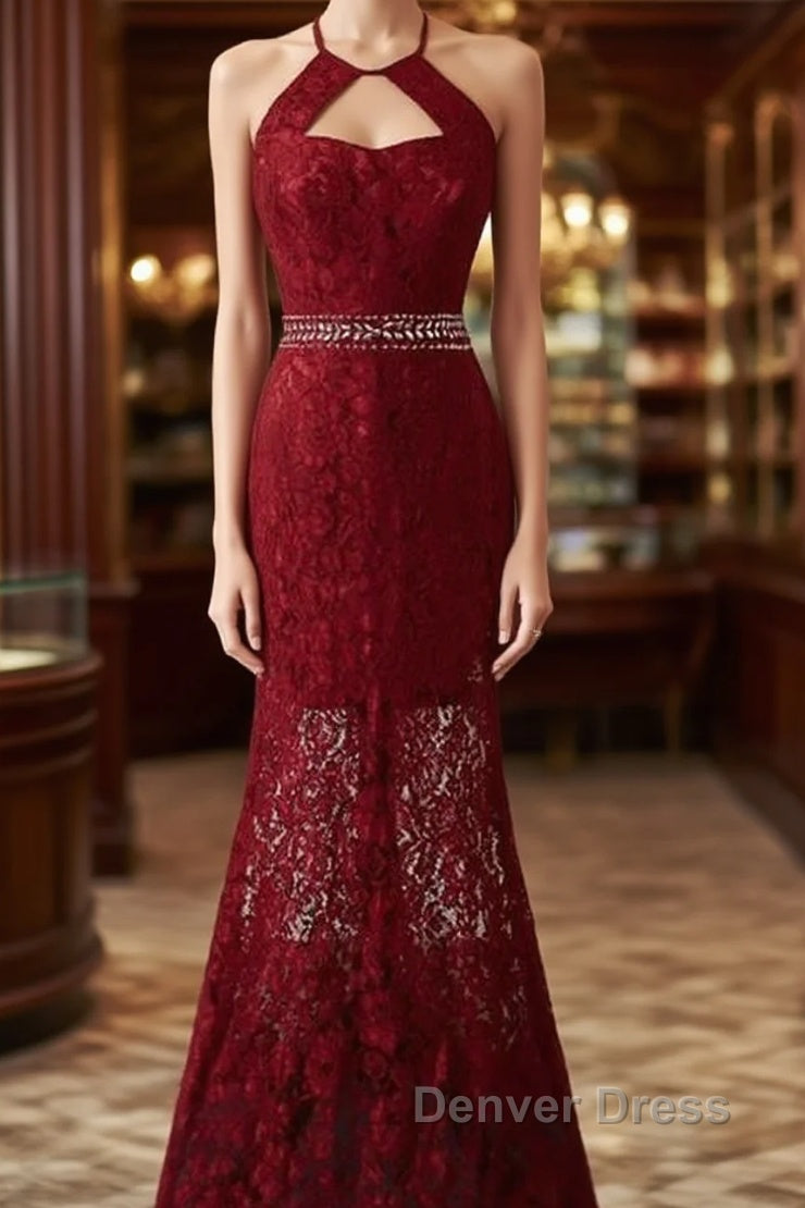 Beautiful Dark Red Lace Halter Beaded Evening Dresses, Mermaid Prom Dresses Main image