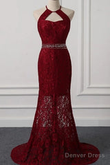 Beautiful Dark Red Lace Halter Beaded Evening Dress, Mermaid Prom Dress