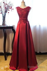 Beautiful Dark Red Lace Long Junior Prom Dress, Lace Top Party Dress