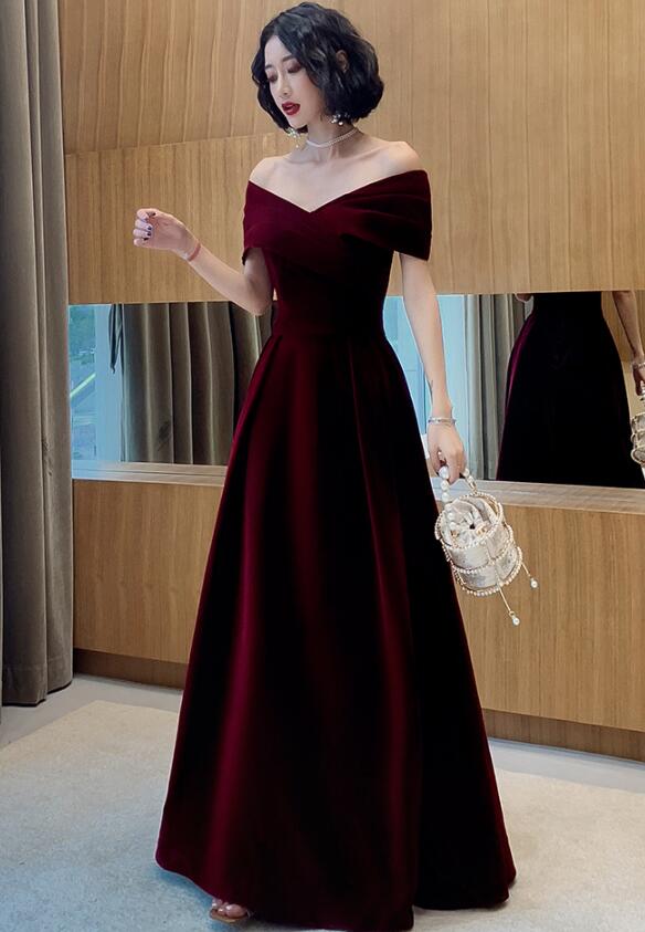 Beautiful Dark Red Velvet Off Shoulder Bridesmaid Dress, A-Line Long Prom Dresses Secondary image