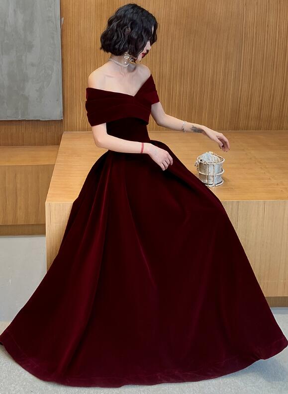 Beautiful Dark Red Velvet Off Shoulder Bridesmaid Dress, A-Line Long Prom Dresses
