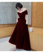 Beautiful Dark Red Velvet Off Shoulder Bridesmaid Dress, A-Line Long Prom Dresses