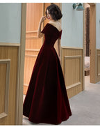 Beautiful Dark Red Velvet Off Shoulder Bridesmaid Dress, A-Line Long Prom Dresses
