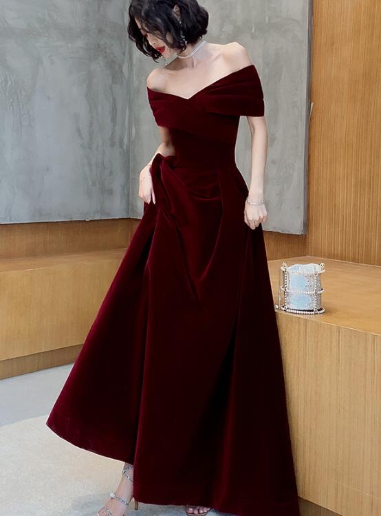 Beautiful Dark Red Velvet Off Shoulder Bridesmaid Dress, A-Line Long Prom Dresses