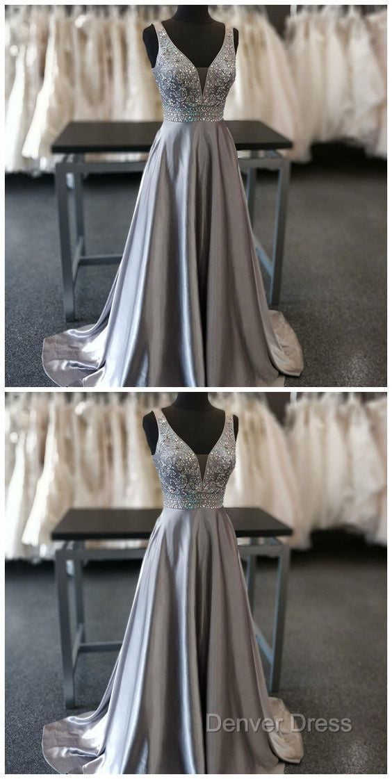 Beautiful Elegant Silver Grey Prom Dresses,Beaded Evening Gowns,V Neck Formal Dresses,Special Occasion Dresses Secondary image
