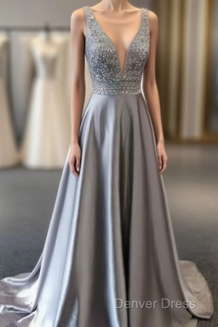 Beautiful Elegant Silver Grey Prom Dresses,Beaded Evening Gowns,V Neck Formal Dresses,Special Occasion Dresses Main image