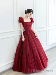 Beautiful Floor Length A-Line Prom Dress, Burgundy Tulle Evening Party Dress
