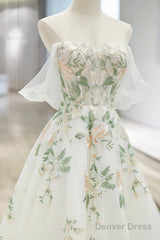Beautiful Floral Lace Tulle Long Prom Dress, White Off The Shoulder Evening Party Dress