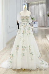 Beautiful Floral Lace Tulle Long Prom Dress, White Off The Shoulder Evening Party Dress