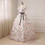 Beautiful Flowers Ball Gown Long Party Dresses, Short Sleeves Prom Dresses