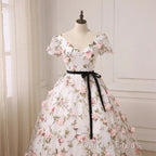 Beautiful Flowers Ball Gown Long Party Dresses, Short Sleeves Prom Dresses
