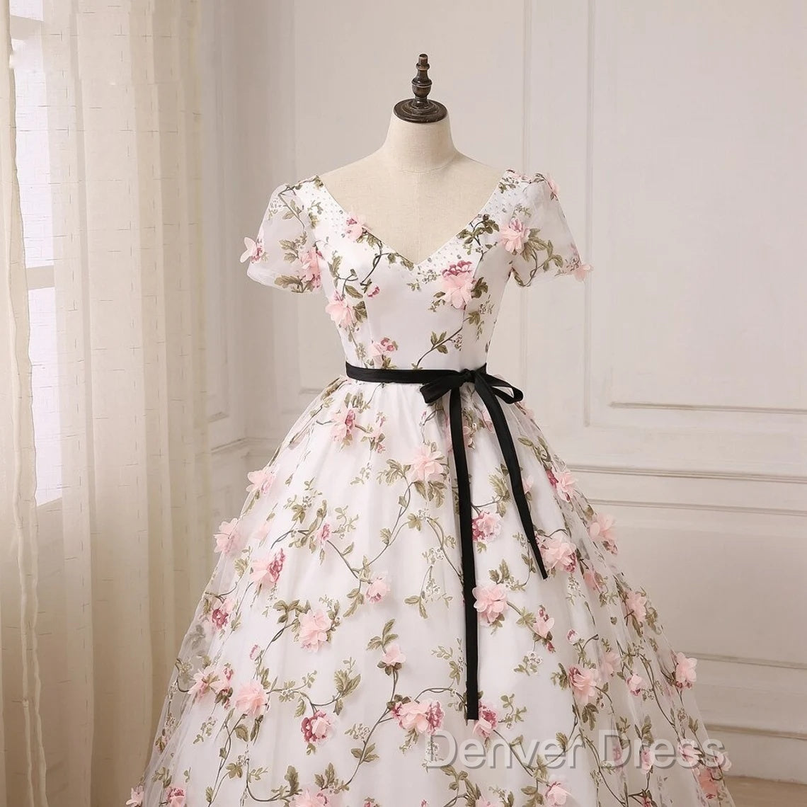 Beautiful Flowers Ball Gown Long Party Dresses, Short Sleeves Prom Dresses
