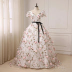 Beautiful Flowers Ball Gown Long Party Dresses, Short Sleeves Prom Dresses