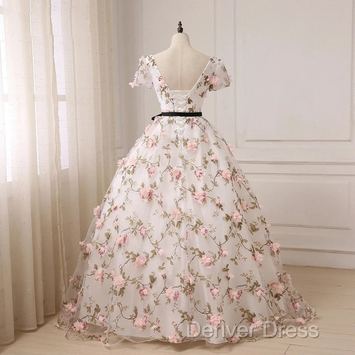 Beautiful Flowers Ball Gown Long Party Dresses, Short Sleeves Prom Dresses