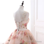 Beautiful Flowers Organza Prom Gowns With Lace, Pink Sweet 16 Gowns
