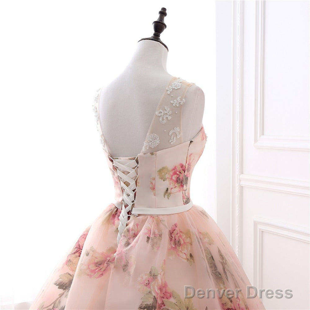 Beautiful Flowers Organza Prom Gowns With Lace, Pink Sweet 16 Gowns