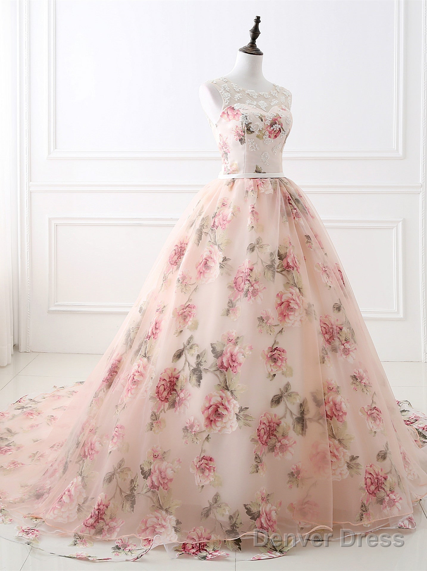 Beautiful Flowers Organza Formal Gown With Lace, Pink Sweet 16 Gown