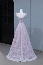 Beautiful Flowers Tulle Long Formal Dresses, Purple Pink A-Line Evening Dresses