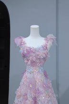 Beautiful Flowers Tulle Long Formal Dresses, Purple Pink A-Line Evening Dresses