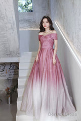 Beautiful Gradient Floor Length A-Line Prom Dress, Off The Shoulder Evening Party Dress