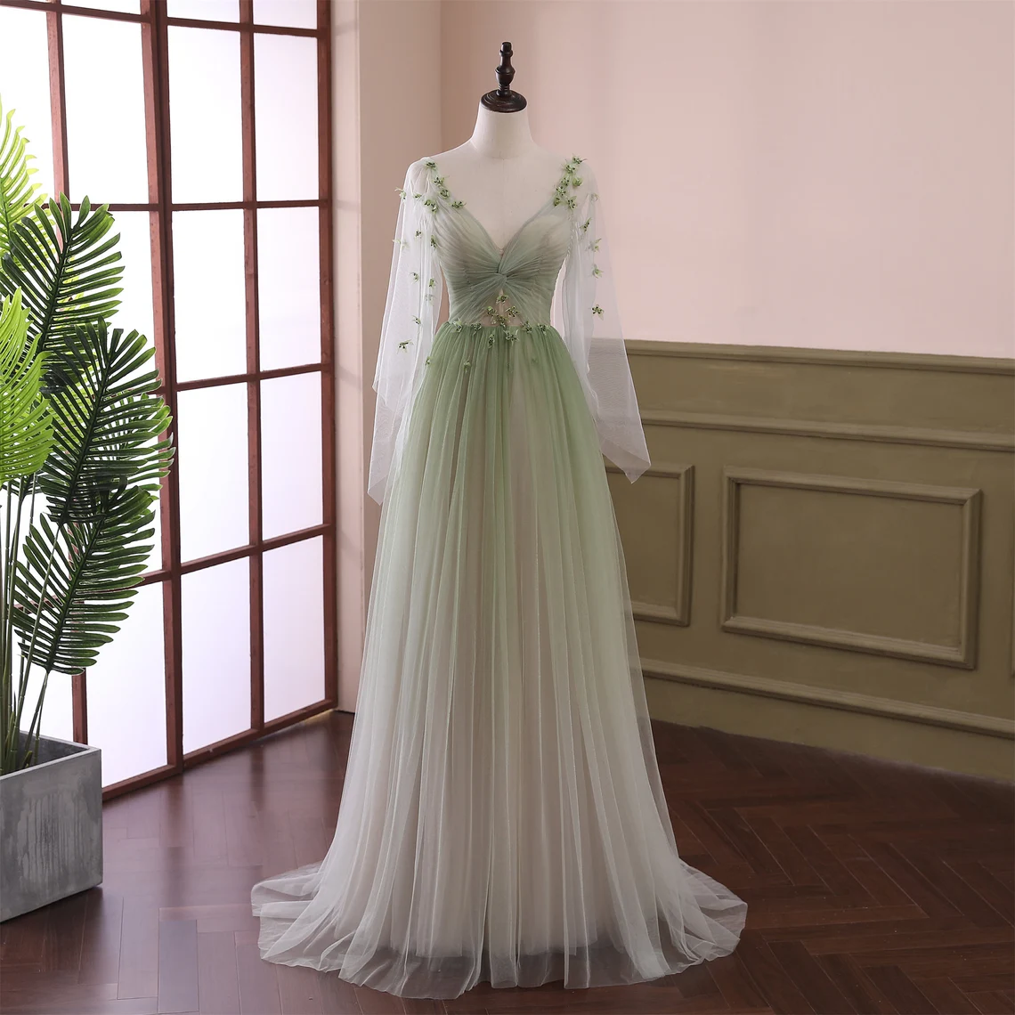 Beautiful Gradient Tulle Green Beaded Long Sleeves Prom Dress, Green Prom Dresses Secondary image