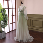 Beautiful Gradient Tulle Green Beaded Long Sleeves Prom Dress, Green Prom Dresses