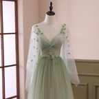 Beautiful Gradient Tulle Green Beaded Long Sleeves Prom Dress, Green Prom Dresses