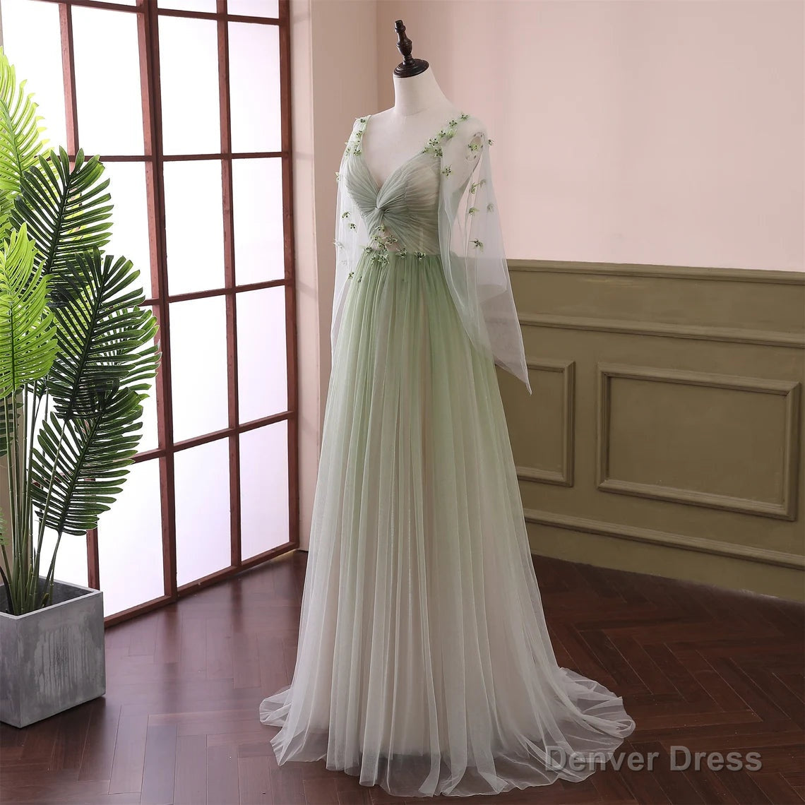 Beautiful Gradient Tulle Green Beaded Long Sleeves Party Dress,Green Formal Dresses Main image