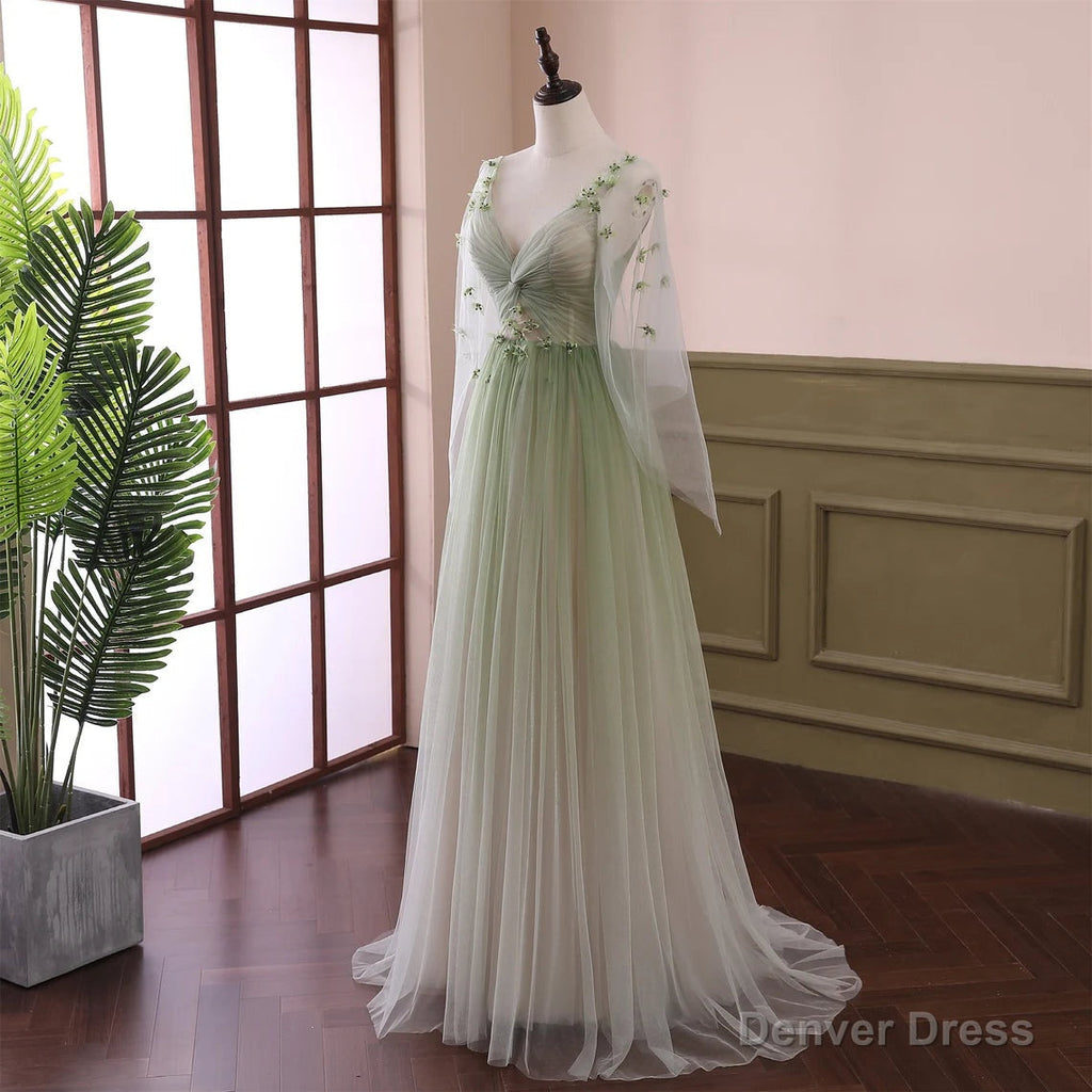 Beautiful Gradient Tulle Green Beaded Long Sleeves Prom Dress,Green Prom Dresses