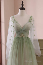 Beautiful Gradient Tulle Green Long Sleeves Prom Dress, Green Prom Dresses
