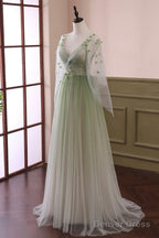 Beautiful Gradient Tulle Green Long Sleeves Prom Dress, Green Prom Dresses