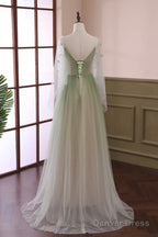 Beautiful Gradient Tulle Green Long Sleeves Prom Dress, Green Prom Dresses