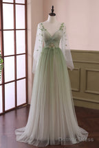 Beautiful Gradient Tulle Green Long Sleeves Prom Dress, Green Prom Dresses