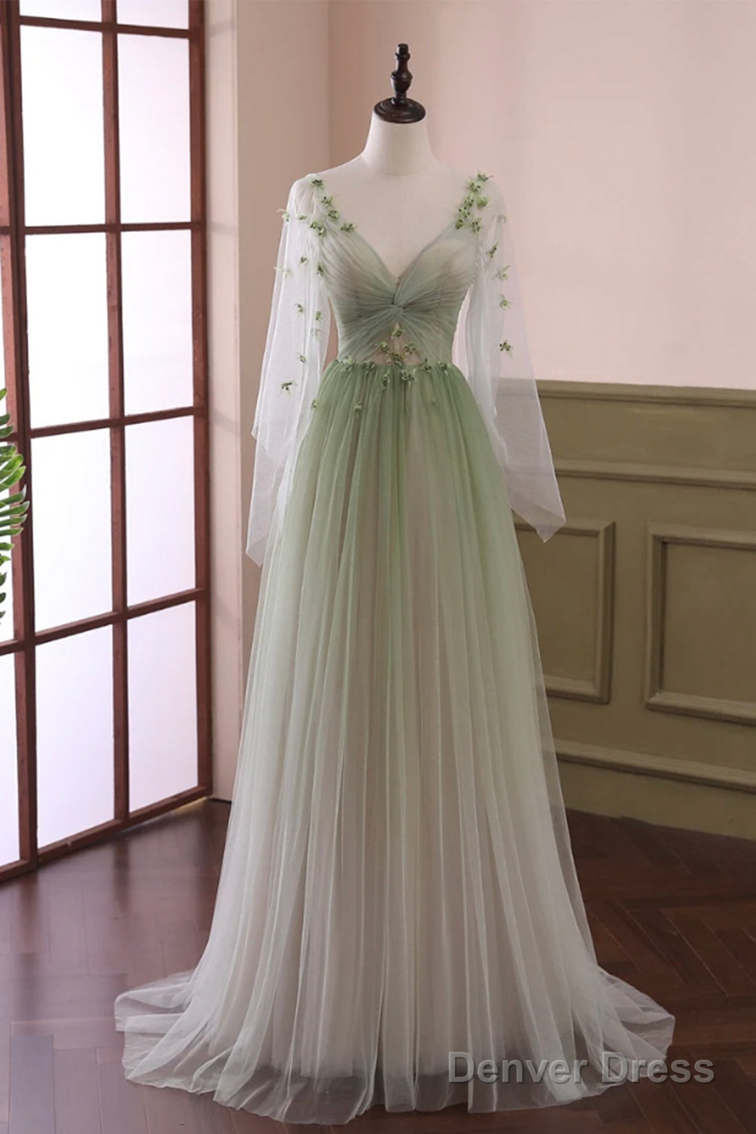 Beautiful Gradient Tulle Green Long Sleeves Prom Dress, Green Prom Dresses
