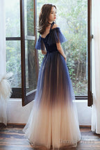 Beautiful Gradient Tulle Long Prom Dress, Blue Velvet And Lace Prom Graduation Dresses